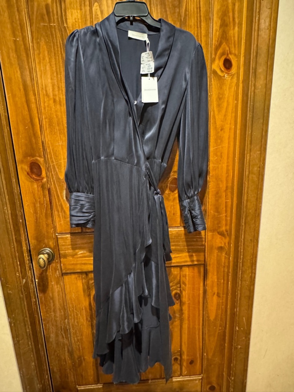 Zimmerman NWT Silky Navy Wrap Dress with Ruffle Hem
